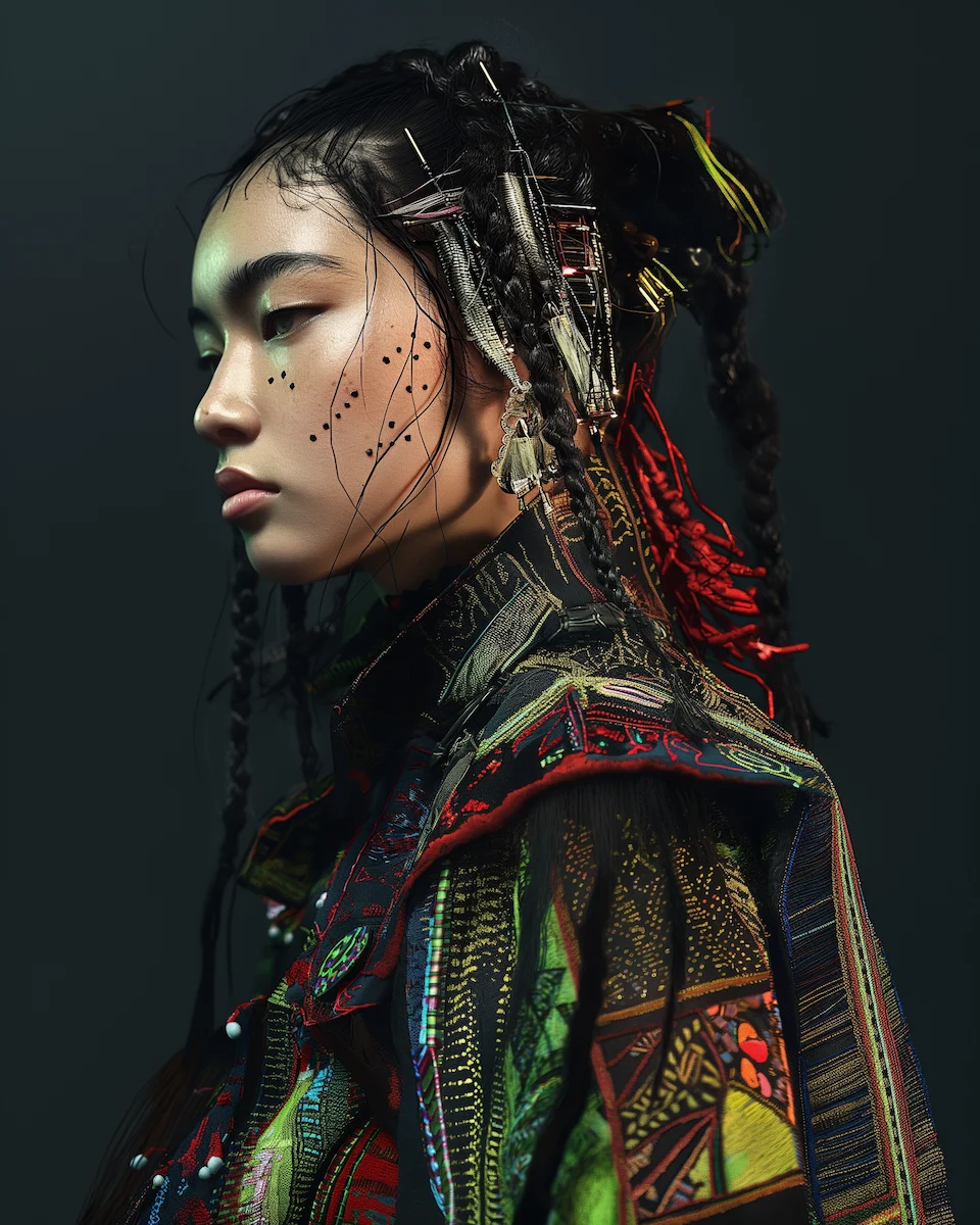 A model embodying the Nomadic Odyssey theme, showcasing futuristic fashion inspired by nomadic cultures worldwide.